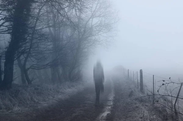 Spöklik Kvinna Som Går Längs Landsväg Kuslig Dimmig Vintrar Dag — Stockfoto