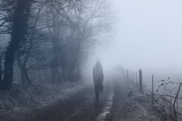 A ghostly woman walking along a country path on a spooky misty winters day. With a cold, blue edit.