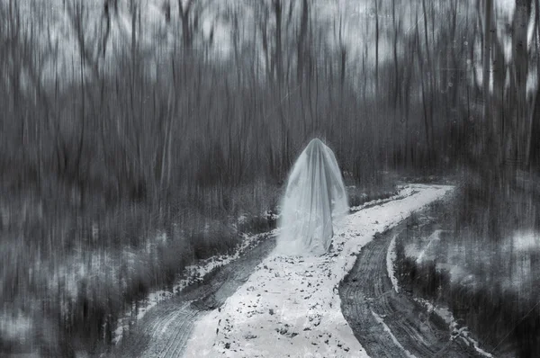Uma Figura Fantasmagórica Encapuzada Branca Vestida Caminho Floresta Nevada Inverno — Fotografia de Stock