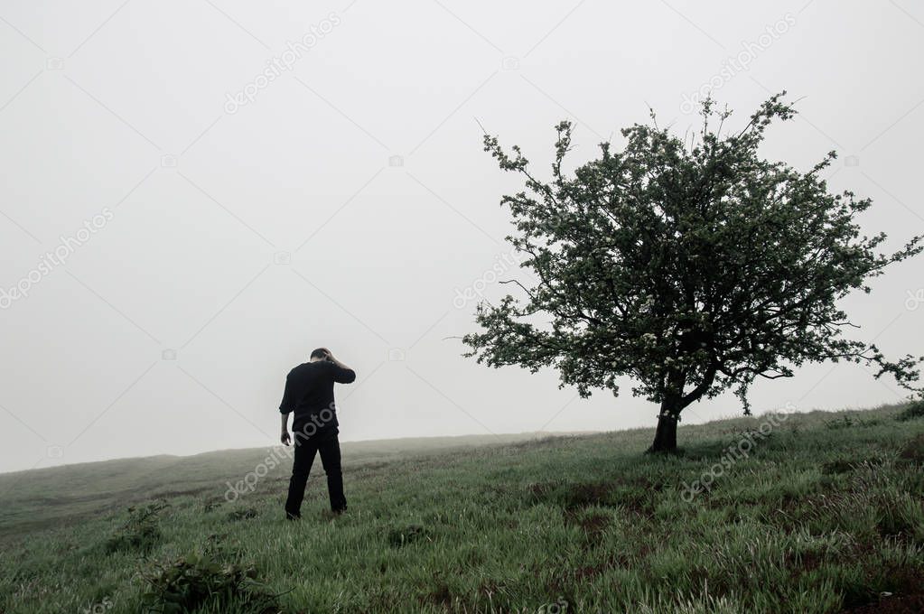 A man standing on a foggy hill next to a tree. Looking down holding his head, representing mental health