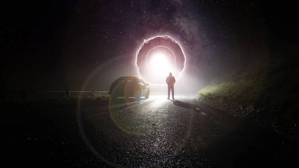 Lone Car Parked Side Road Glowing Ufo Portal Hooded Figure — Stock Photo, Image