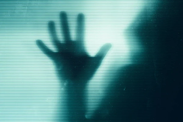 Spooky Hooded Figure Holding His Hand Looking Screen Blurred Glitch — Stock Photo, Image