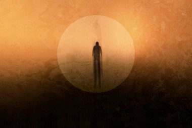 Turuncu arka planda gizemli bir kapüşonlu adamın grafik tasarım konsepti. Soyut, grunge, bulanık düzenleme ile