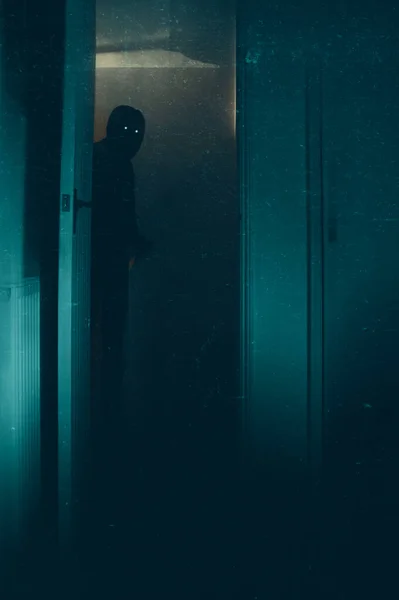 Halloween Concept Blurred Scary Hooded Figure Glowing Eyes Standing Doorway — Stock Photo, Image