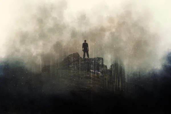 Man Standing Top Mountain Surrounded Clouds Grunge Dusty Edit — Stock Photo, Image