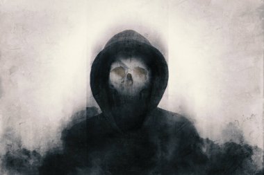 Yüzünde kafatası olan, bulanık, grunge, soyut bir düzenleme ile korkunç bir başlıklı figür.             