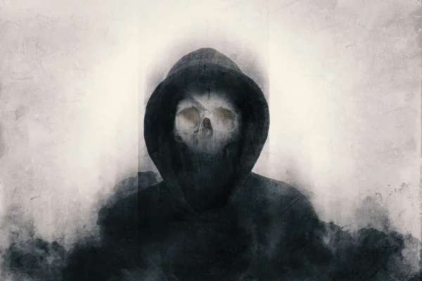 Scary Hooded Figure Skull Face Blurred Grunge Abstract Edit — Stock Photo, Image