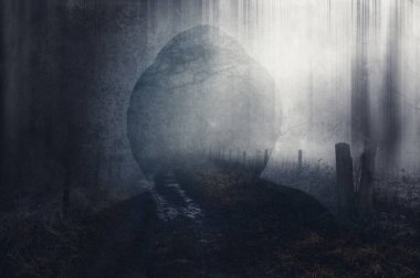 Yüzü olmayan kapüşonlu korkunç bir şahsın çift pozu. Kış günlerinde sisli bir patikayla kaplı. Bulanık, grunge, vintage, soyut bir düzenleme ile     