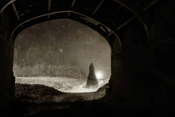 在一个雾蒙蒙的夜晚 一个穿着衣服站在隧道里的女人的鬼魂 用老旧的 酒精中毒 怨气编辑 — 图库照片