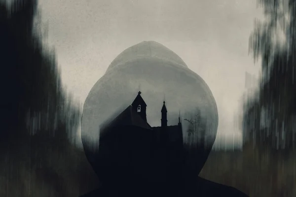 Double Exposure Spooky Hooded Figure Layered Church Hill Grunge Blurred — Stock Photo, Image