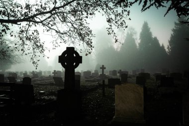 Ürkütücü mezar taşları ve haçlar dondurucu sisli bir kış gecesinde bir mezarlıkta siluete gömülmüş.