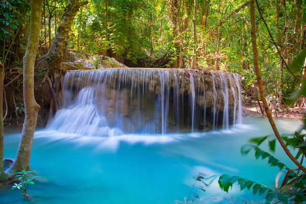 Beautiful Waterfall in deep forest at Erawan waterfall National Park, Kanchanaburi, Thailand 
