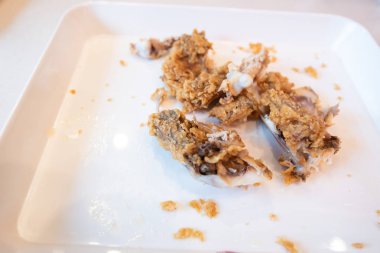 Kızarmış tavuk kemikleri ve kavrulduktan sonra biraz da beyaz tabak. Yiyecek atıkları, tavuk kemiği atıkları, tavuk kemiği kırıntıları..