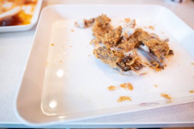 Kızarmış tavuk kemikleri ve kavrulduktan sonra biraz da beyaz tabak. Yiyecek atıkları, tavuk kemiği atıkları, tavuk kemiği kırıntıları..