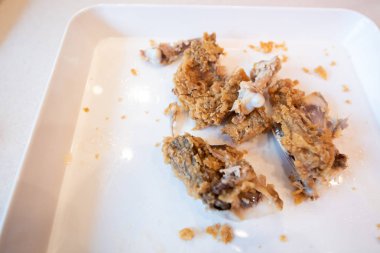 Kızarmış tavuk kemikleri ve kavrulduktan sonra biraz da beyaz tabak. Yiyecek atıkları, tavuk kemiği atıkları, tavuk kemiği kırıntıları..