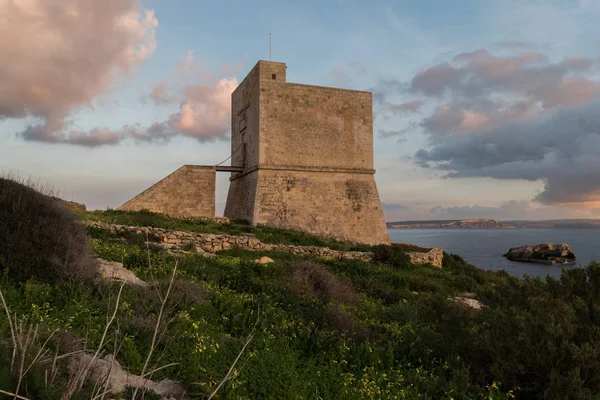 Mgarr Xini Bay Tower Gozo Malta Orizzontale Tramonto — Foto Stock