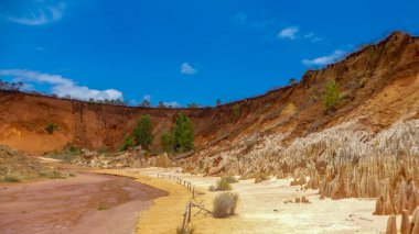 Red Tsingy in Madagascar, Africa. Stone formation of red laterite formed by erosion of the Irodo River in the region of Diana in north of Madagascar. clipart