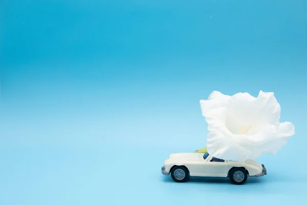 White retro toy car delivering a bouquet of flowers on a pink background. Postcard February 14, Valentine\'s Day. Flower delivery. March 8, International Happy Women\'s