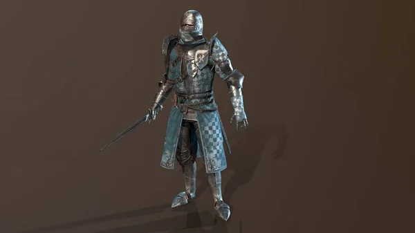 Caballero espadachín con armadura completa, 3D render — Foto de Stock