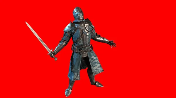 Riddare Swordsman i full rustning, 3D render — Stockfoto