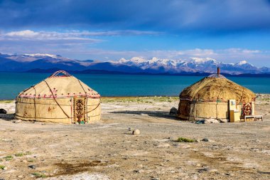 Yurts on Karakul Lake, Pamir Highway, Tajikistan. clipart