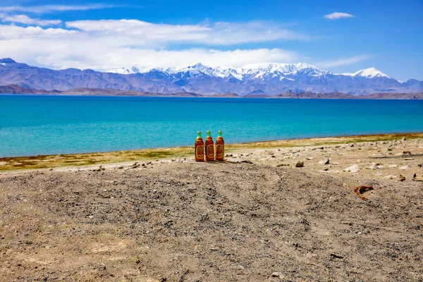 啤酒与列宁峰和卡拉科尔湖的景色 山脉和沙漠 — 图库照片