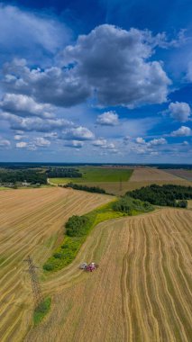 Dört kareden 16x9 'luk bir drone' dan renkli bir manzara! Güzel sarı tarlalar, hasat makinesi ve mavi gökyüzü.