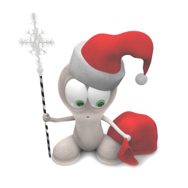 Karakter. Noel baba. Çantası ve personeli olan küçük bir adam. Küçük komik adam.3d yeni yıl şapkası küçük bir adam render
