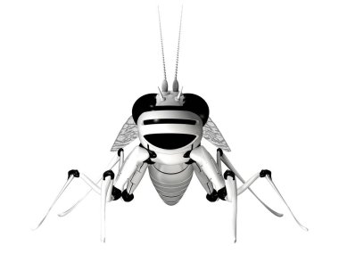 Robot. Böcek robotu. Sibernetik. Mekanik sinek. Beyaz bir arka plan üzerinde uçan bir robot böcek 3d render