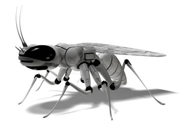 Robot. Böcek robotu. Sibernetik. Mekanik sinek. Beyaz bir arka plan üzerinde uçan bir robot böcek 3d render