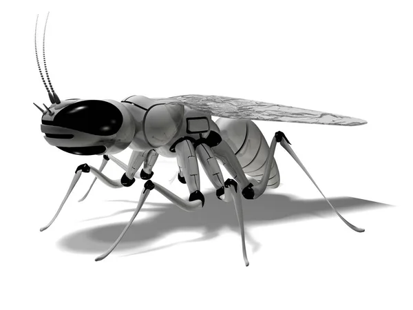 ロボット 昆虫ロボットサイバネティックス メカニカルフライ 白い背景に飛行ロボット昆虫の3Dレンダリング — ストック写真