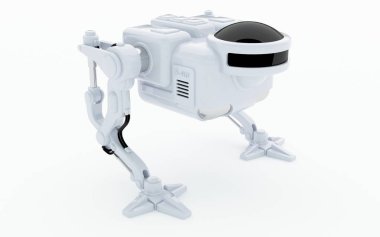 Robot. İki ayaklı robot. Robotik. Geleceğin teknolojileri. Beyaz renkli iki ayaklı bir robotun 3d render