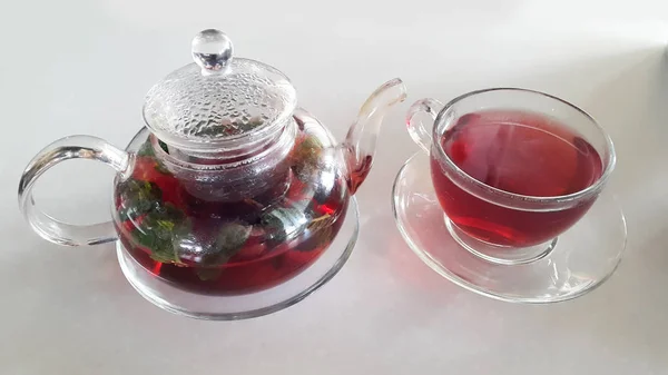 Tea Tea Set Brewed Red Tea Glass Cup Teapot Tea — Stock Photo, Image