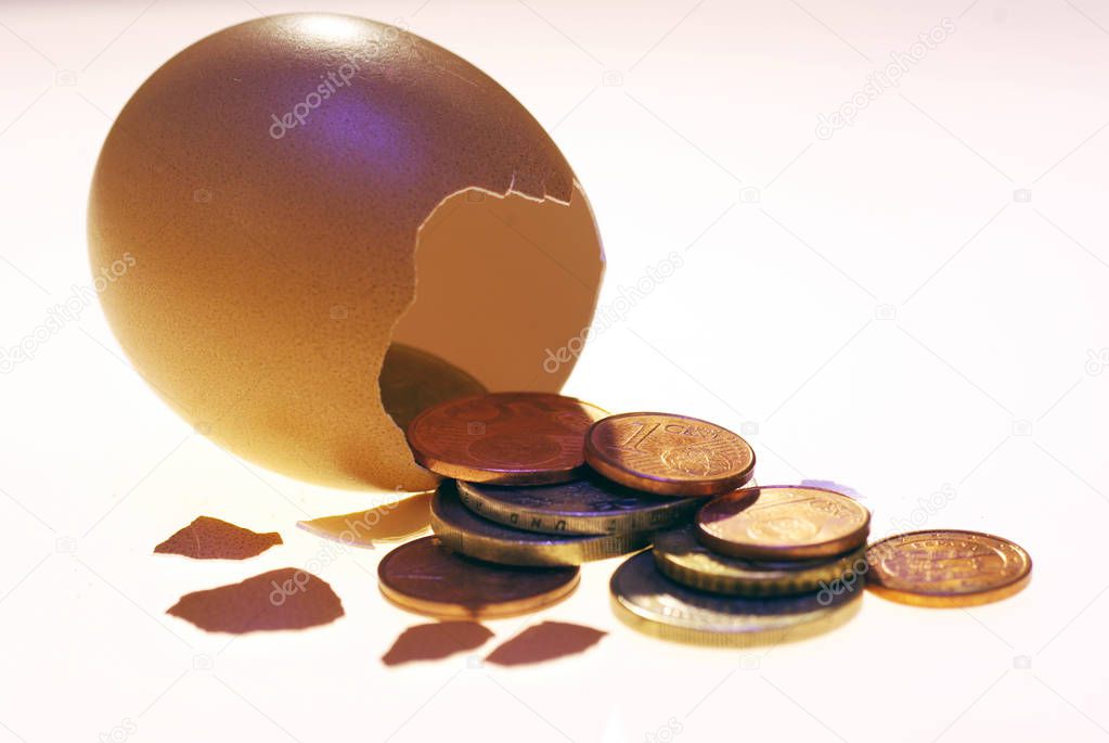 Finance. Profit. Banking. Coins dropped from the eggshell