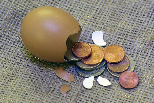 Para Kar Yaratıcı Konsept Yumurta Kabuğundan Dökülen Sikkeler — Stok fotoğraf