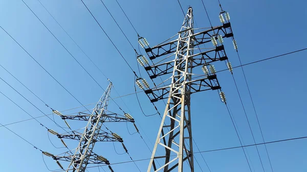 Pilar Líneas Eléctricas Poste Con Cables Eléctricos Instalación Electrificación — Foto de Stock