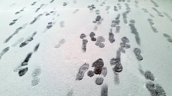 Foto Borrosa Asfalto Cubierto Nieve Huellas Nieve Camino Nevado Huellas — Foto de Stock