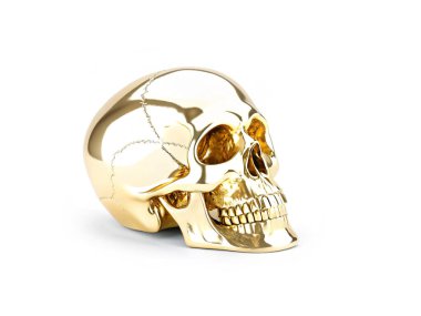 Altın insan kafatası. Beyaz arka planda altından yapılmış kafatası