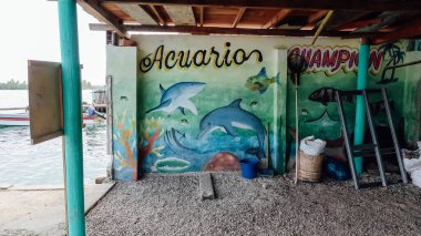 RINCON DEL MAR, COLOMBIA - CIRCA FEBRUARY 2020: Santa Cruz del Islote 'daki akvaryumda boyanmış duvar, Karayip denizinde küçük ve yoğun nüfuslu ada.