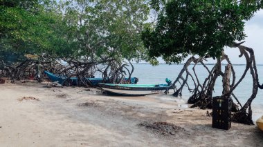 RINCON DEL MAR, COLOMBIA - CIRCA FEBRUARY 2020: Karayip Denizi 'ndeki San Bernardo adasında balıkçı tekneleri ve ormanları olan plaj.