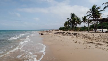 RINCON DEL MAR, COLOMBIA - CIRCA FEBRUARY 2020: sahil beyaz kum, palmiye ağaçları ve küçük bir köyde Karayip denizinin turkuaz mavi suları.