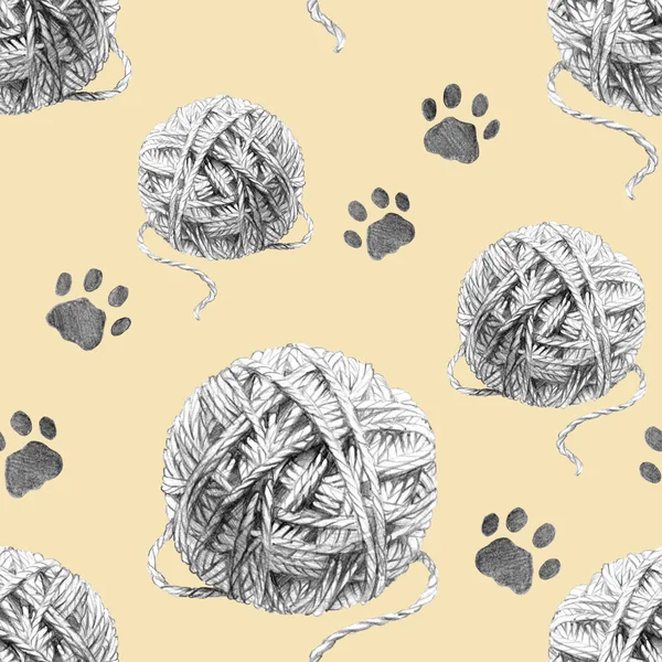 pencil drawing pattern with balls of wool and cat tracks cute collage sketch on a cat theme tender orange background