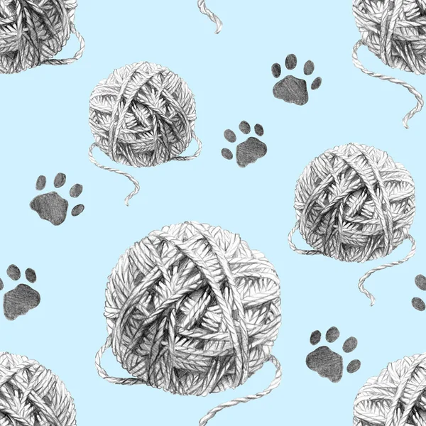 pencil drawing pattern with balls of wool and cat tracks cute collage sketch on a cat theme blue background