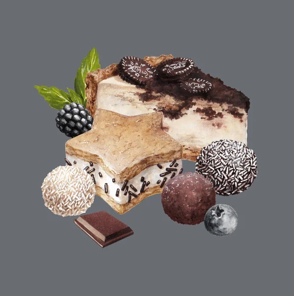 food sketch beautiful delicious pastry desserts with berries cream and chocolate marker drawing collage 3 gray background