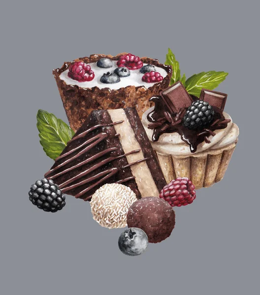 food sketch beautiful delicious pastry desserts with berries cream and chocolate marker drawing collage 4 gray background