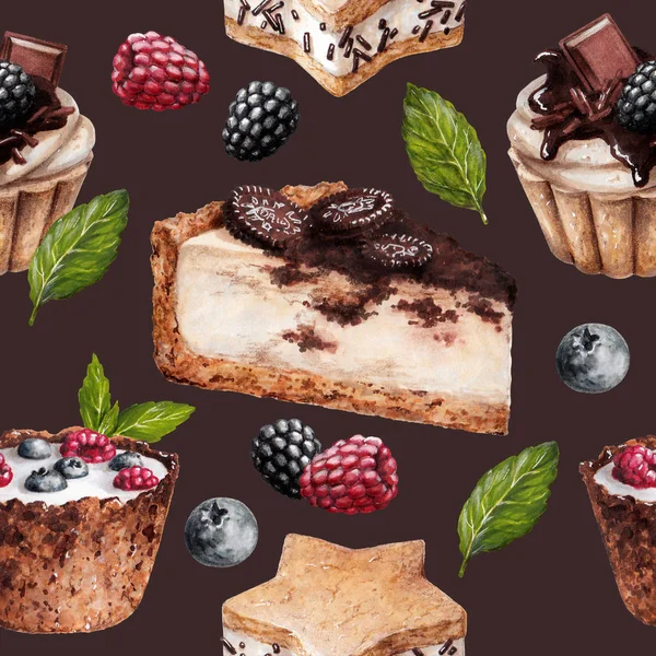 food sketch beautiful delicious pastry desserts with berries cream and chocolate marker drawing pattern 2 brown background