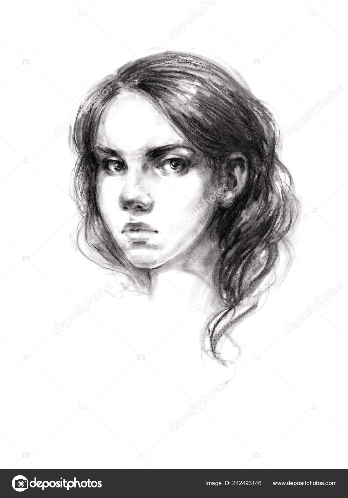 Portrait Sketch Beautiful Young Girl Dark Hair Expressive