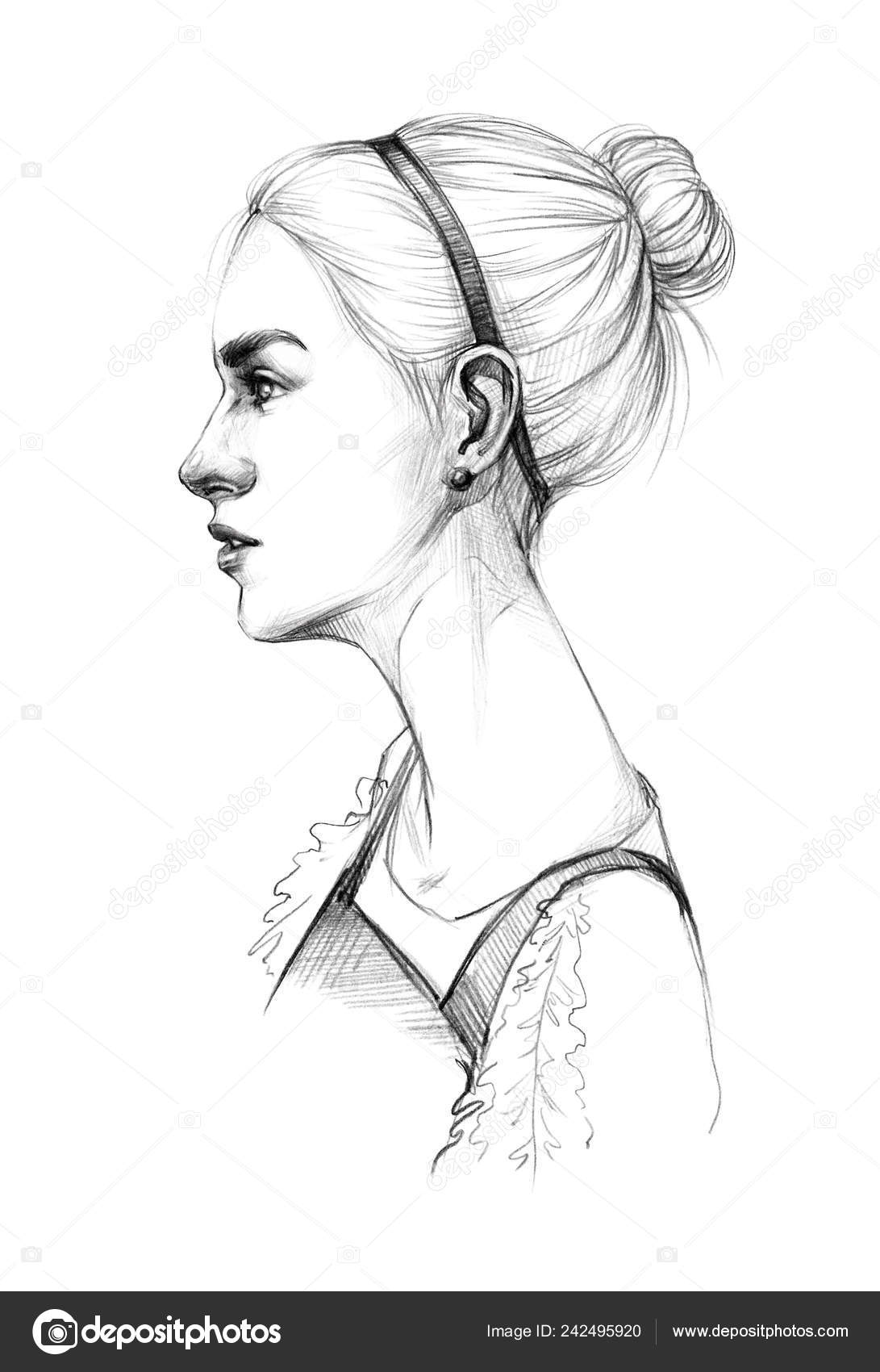 Portrait Sketch Young Beautiful Girl Sarafan Neat Hairstyle