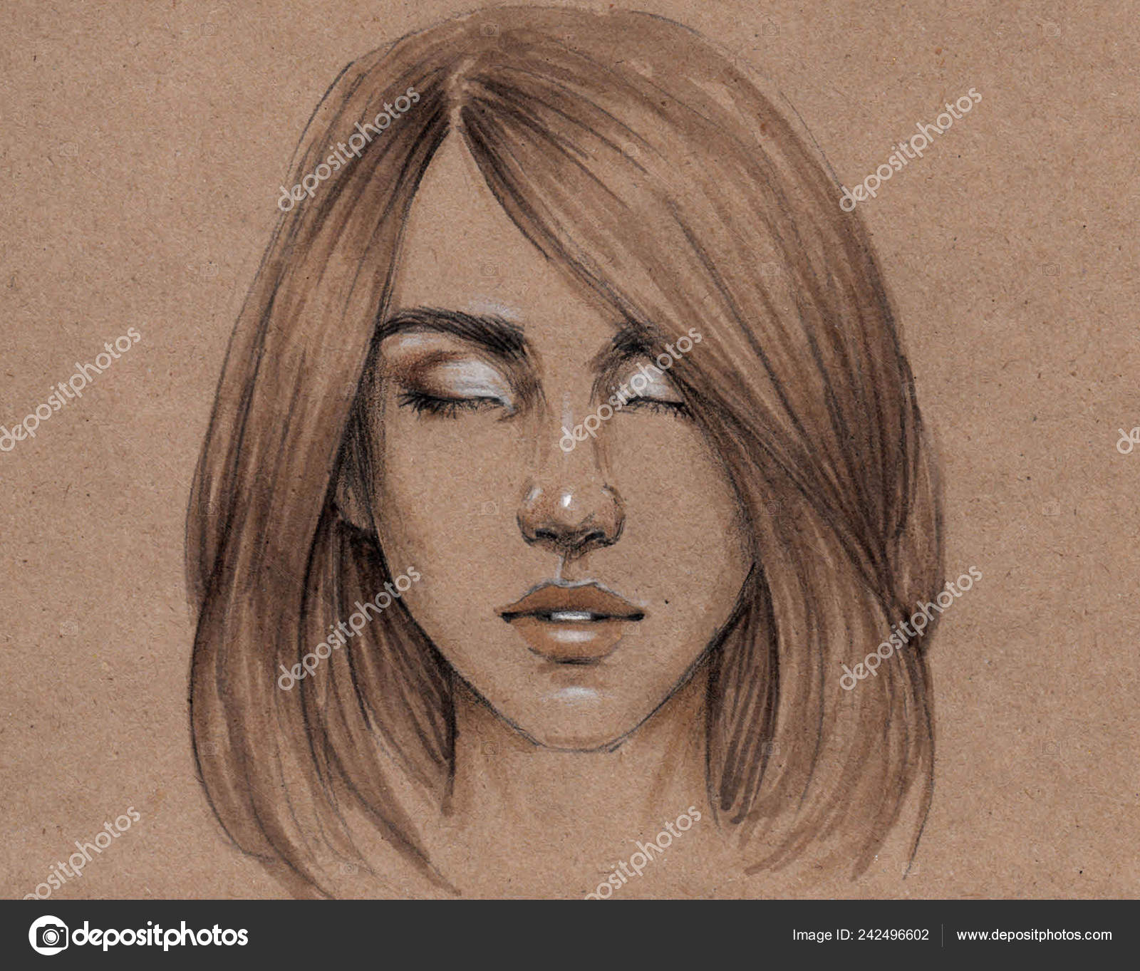Portrait Sketch Young Beautiful Girl Closed Eyes Image Short