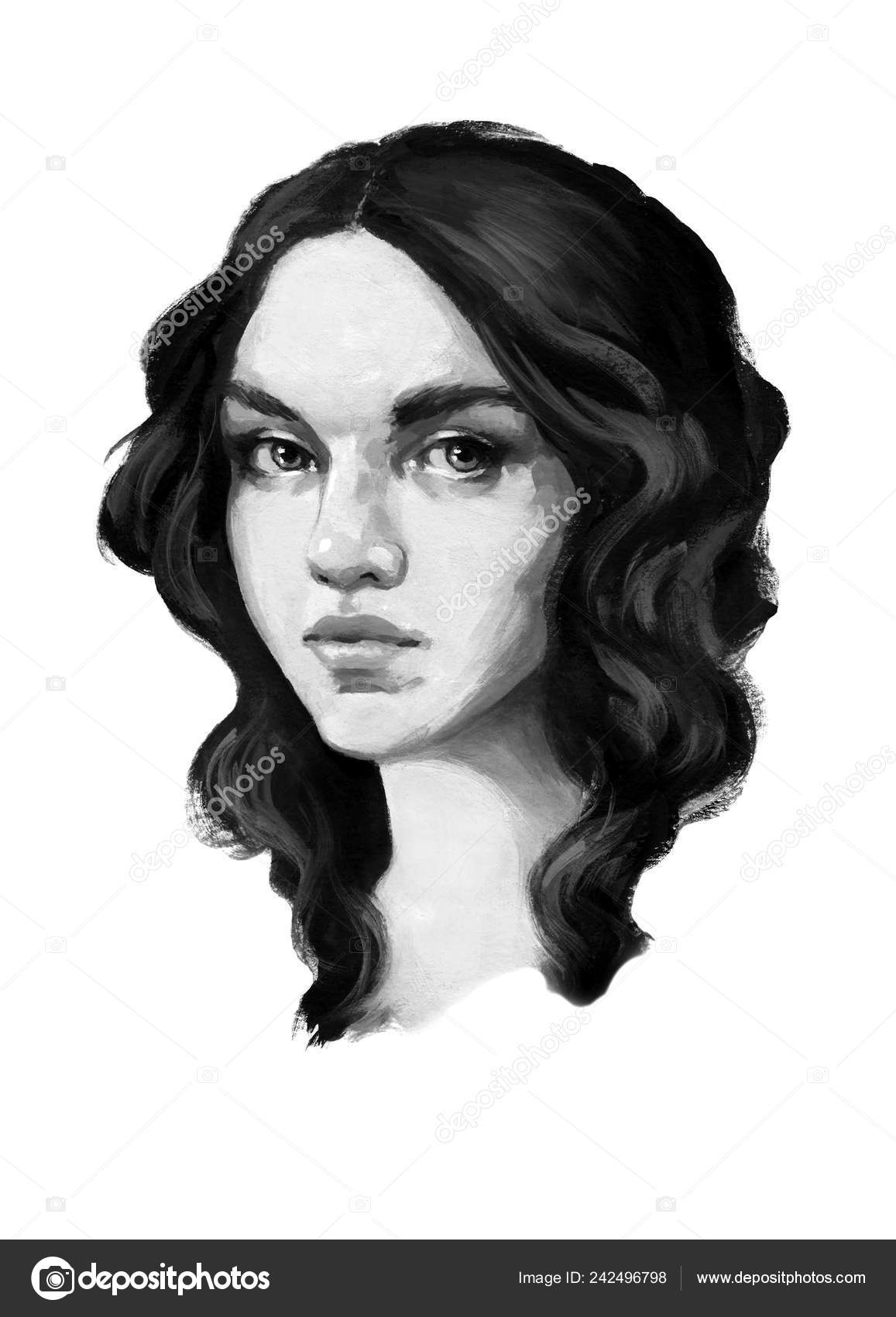 Portrait Sketch Young Beautiful Girl Dark Wavy Hair Blue Eyes